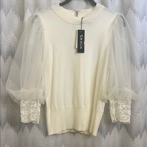 Gracia Ivory Sweater with Lace Sheer Sleeves